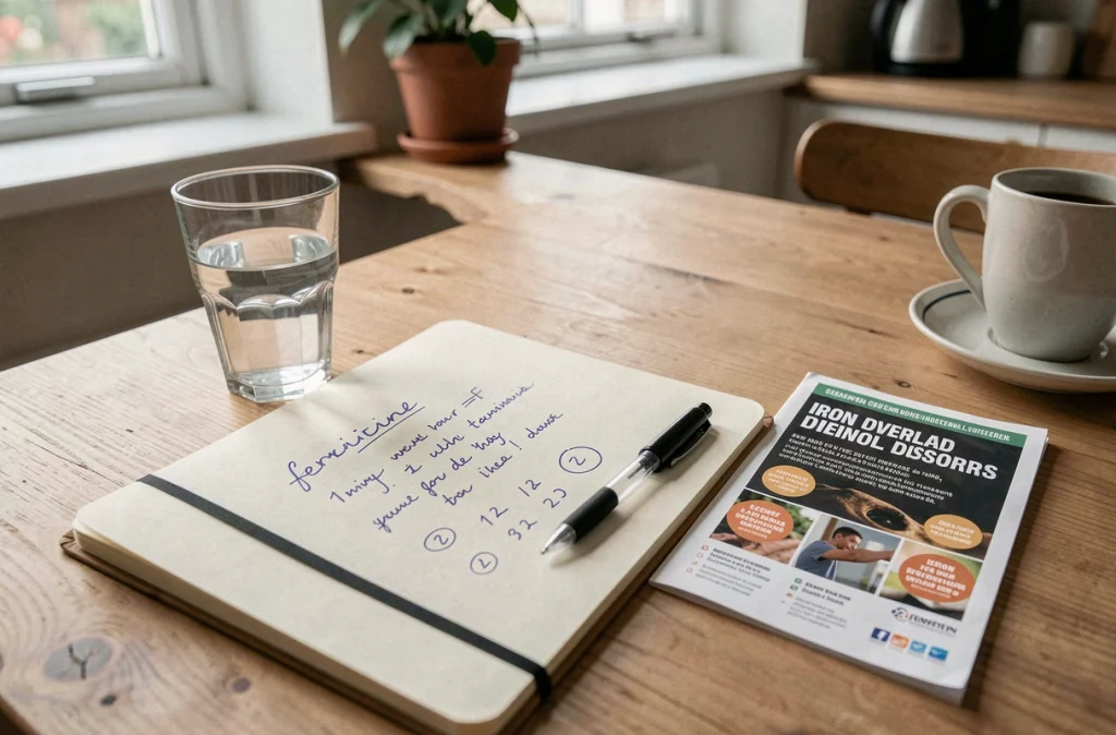 Prise de notes sur la ferritine et la surcharge en fer sur un cahier posé sur une table en bois à la maison
