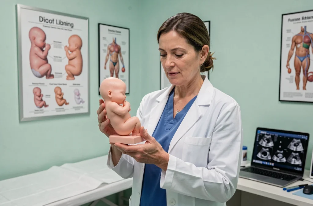 Obstétricienne tenant un modèle anatomique de fœtus à 20 semaines dans un cabinet médical avec tableau de développement prénatal