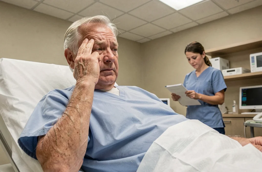 Patient âgé allongé après une IRM exprimant un léger inconfort, avec une infirmière en arrière-plan