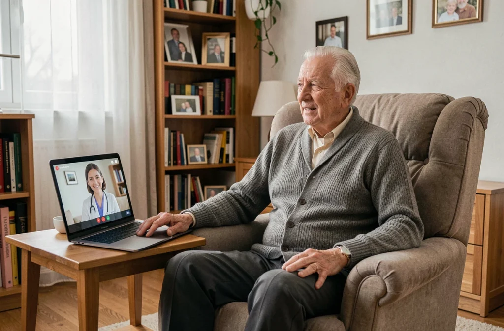 Patient âgé en téléconsultation à domicile via une plateforme de soins connectée
