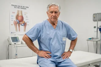 Patient âgé en consultation orthopédique tenant sa hanche après une prothèse, expression préoccupée sur une table d'examen