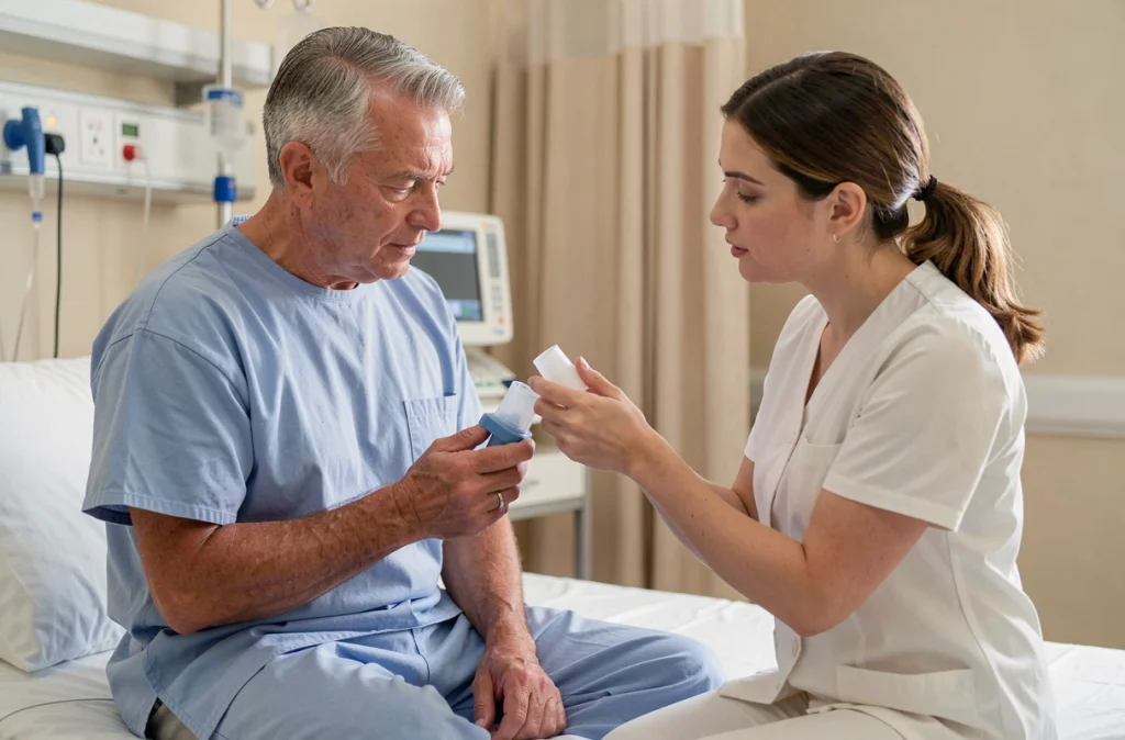 Patient adulte apprenant à utiliser un dispositif inhalateur avec une infirmière en service de pneumologie