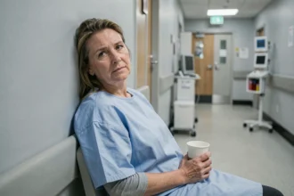 Femme patiente fatiguée assise dans une salle d'attente hospitalière après une IRM, tenant un gobelet d'eau