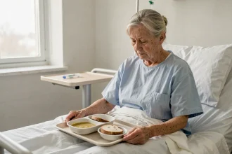 Femme âgée hospitalisée assise dans son lit face à un plateau repas non touché, illustrant la dénutrition en milieu hospitalier