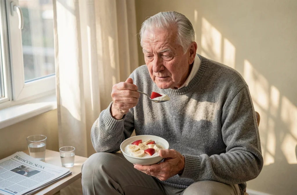 Personne âgée mangeant un yaourt aux fruits frais chez elle, illustration de la nutrition adaptée au grand âge