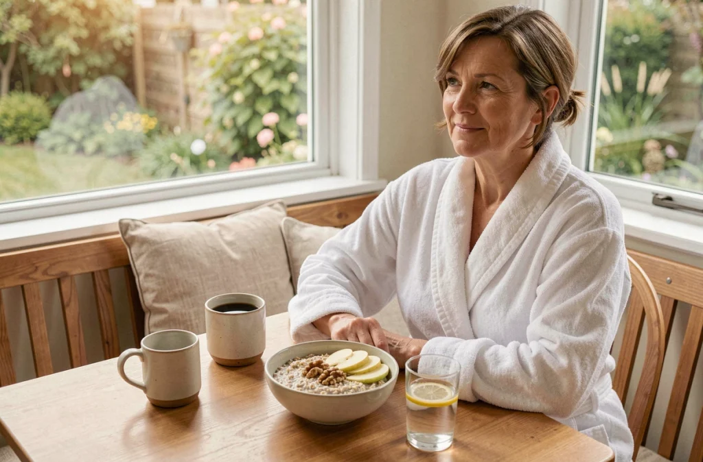 Femme en robe de chambre dégustant un petit-déjeuner léger à base d'avoine, noix et café noir dans un coin repas lumineux