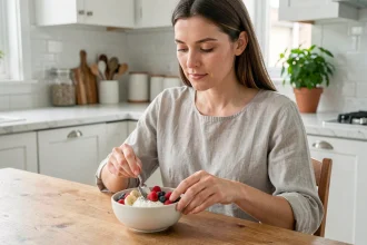 Femme préparant un petit-déjeuner sain avec yaourt grec, fruits frais et graines de chia dans une cuisine moderne
