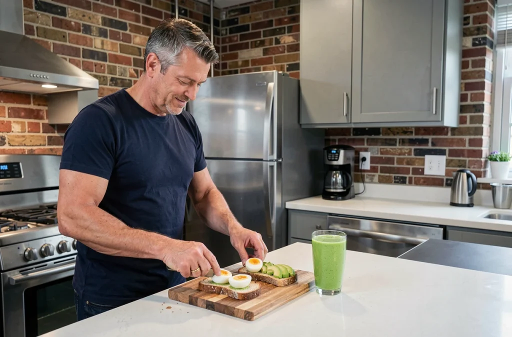 Homme préparant un petit-déjeuner protéiné avec œufs durs, avocat et smoothie vert dans un appartement urbain