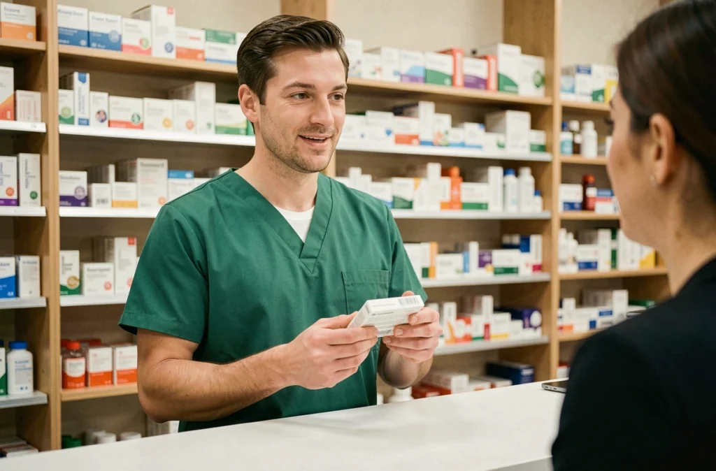 Pharmacien conseillant un client sur un traitement contre la constipation et les selles bloquées en pharmacie