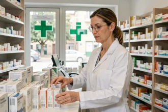 Pharmacienne en blouse blanche derrière le comptoir d'une pharmacie à Gardanne organisant des médicaments
