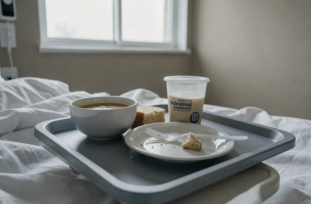 Plateau repas hospitalier peu consommé sur une table de nuit, symbole de la dénutrition chez les personnes âgées hospitalisées
