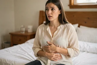 Jeune femme aux premiers signes de grossesse, assise sur un lit, les mains posées sur son ventre avec une expression douce et introspective