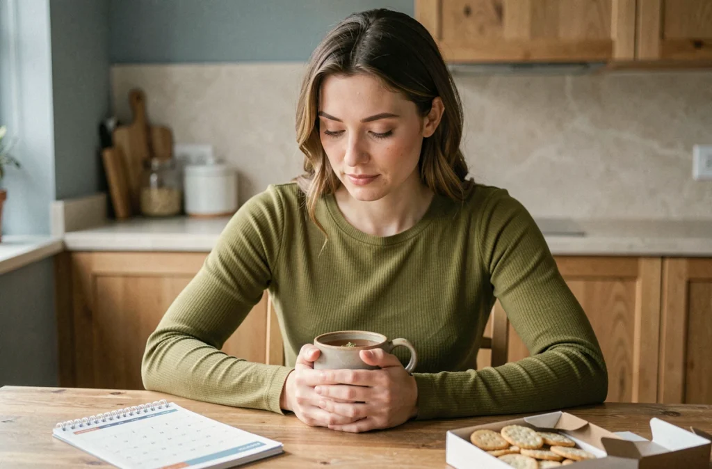 Femme tenant une tasse de tisane à la table de cuisine, entourée d'indices subtils des premiers signes de grossesse comme des crackers et un calendrier