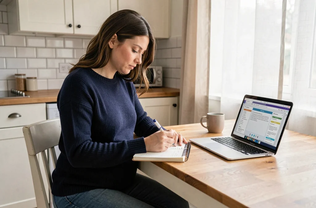 Femme enceinte préparant son plan de naissance à la maison avec un carnet et un ordinateur portable
