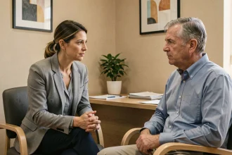 Psychologue spécialisée en oncologie en consultation avec un patient atteint de cancer dans un cabinet médical apaisant