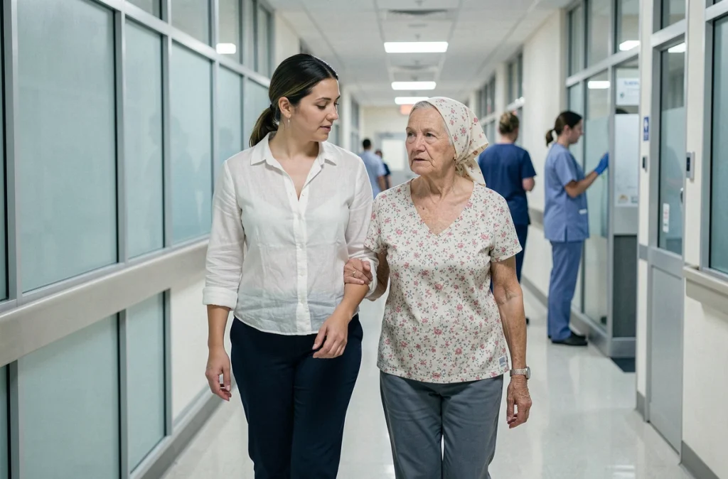 Psychologue en oncologie accompagnant une patiente en cours de traitement contre le cancer dans un couloir d'hôpital