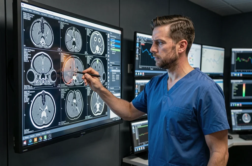 Radiologue examinant des images médicales pour identifier les signes du zonivizectrum sur écran diagnostique