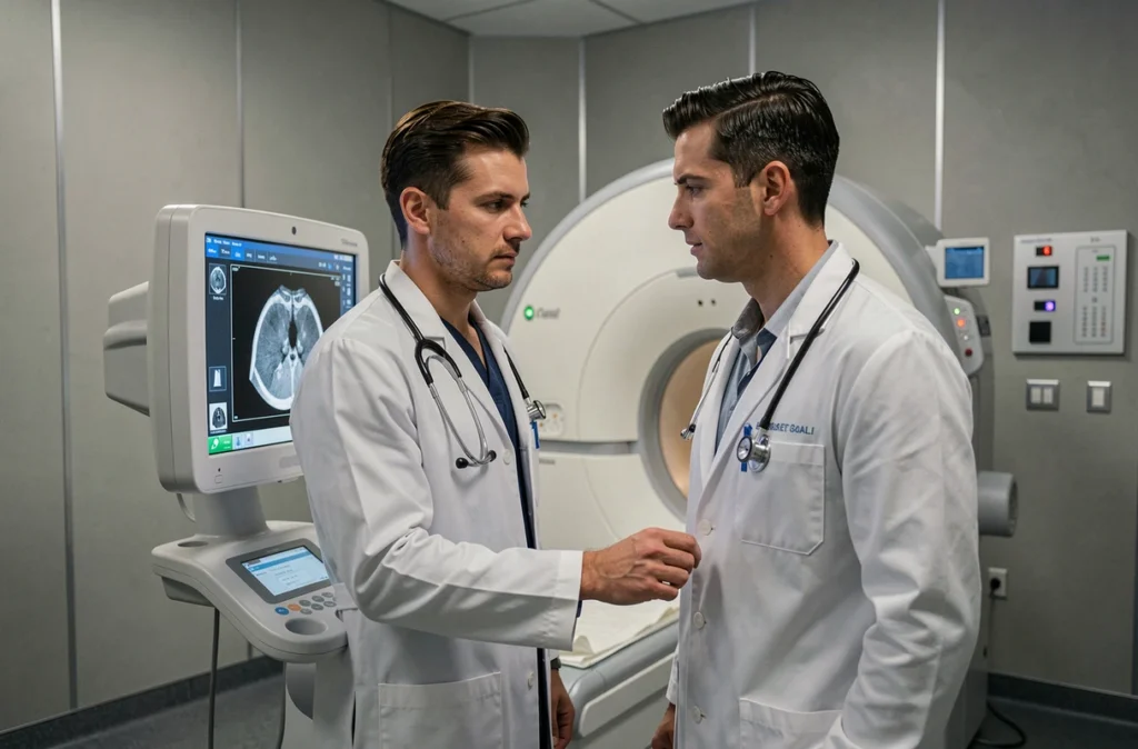 Radiologue masculin debout devant une machine IRM en train d'analyser des résultats d'imagerie médicale