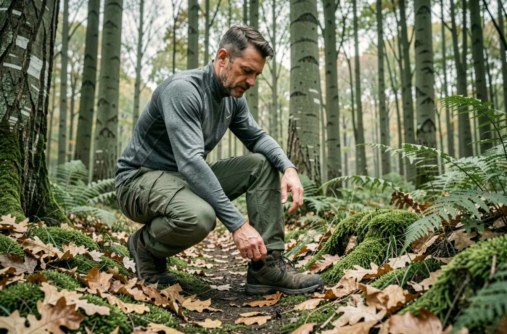 Randonneur inspectant sa jambe pour détecter la présence de tiques en forêt lors d'une promenade en nature