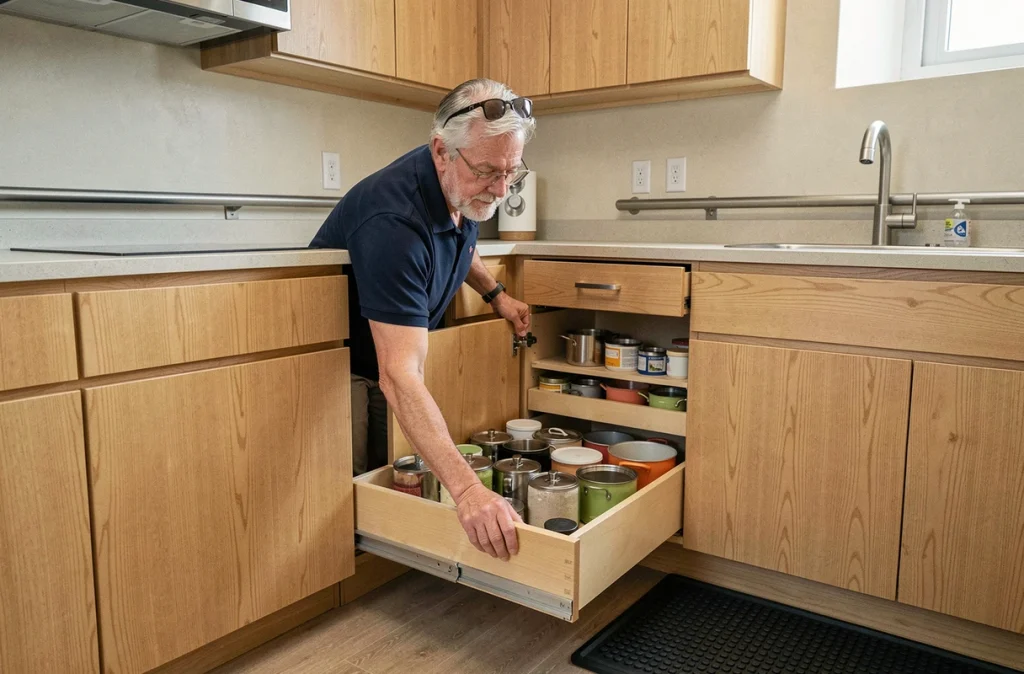 Senior homme accédant facilement à un tiroir bas dans une cuisine ergonomique et sécurisée