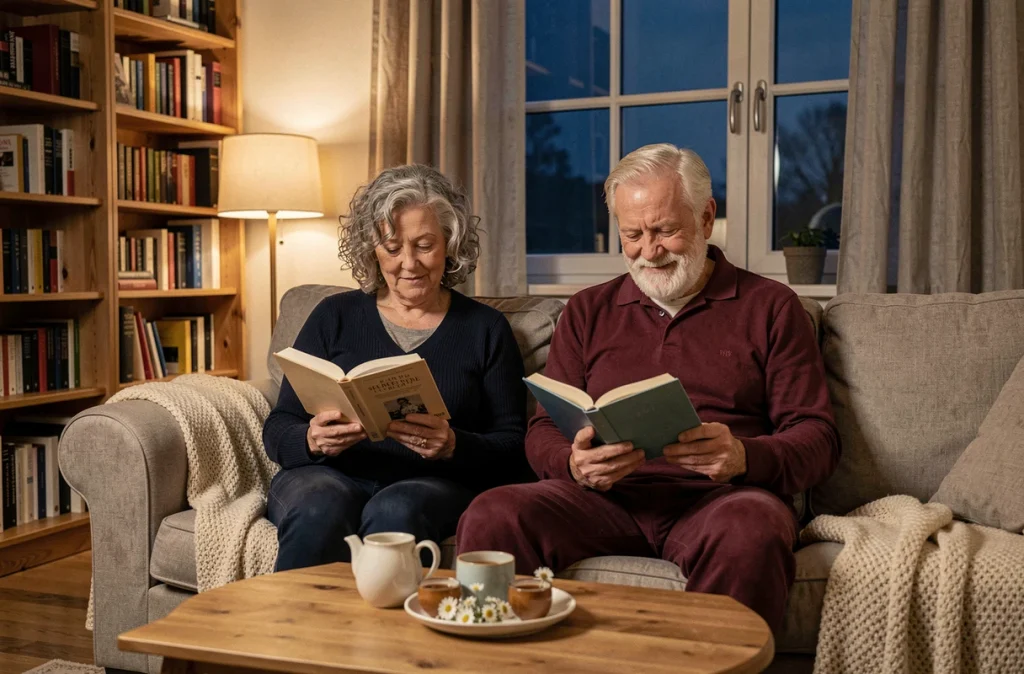 Couple de seniors lisant des livres ensemble dans un salon douillet lors de leur routine du soir