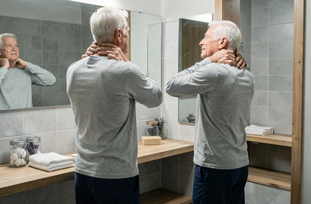Senior homme faisant des étirements du soir dans une salle de bain apaisante pour améliorer le sommeil