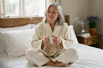 Femme senior en robe de chambre tenant une tasse de tisane dans sa chambre calme avant de dormir