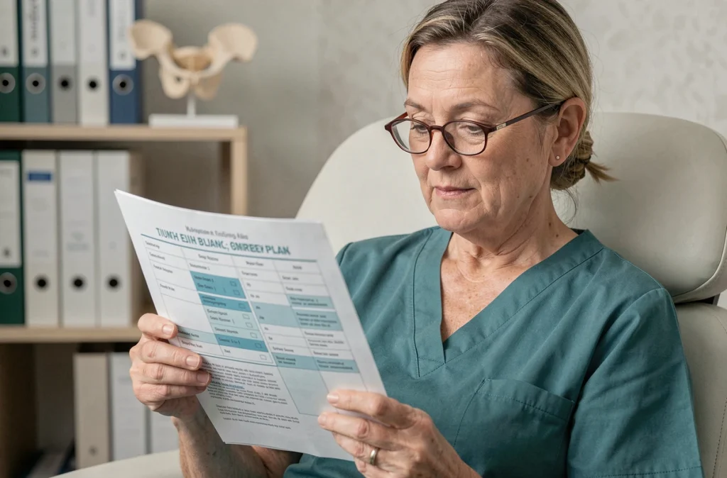 Sage-femme examinant une liste de contrôle pour un plan de naissance lors d'une consultation prénatale