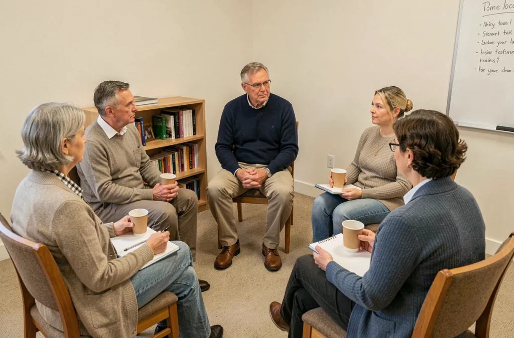 Psychologue animant une séance de soutien psychologique en groupe pour des patients en cancérologie