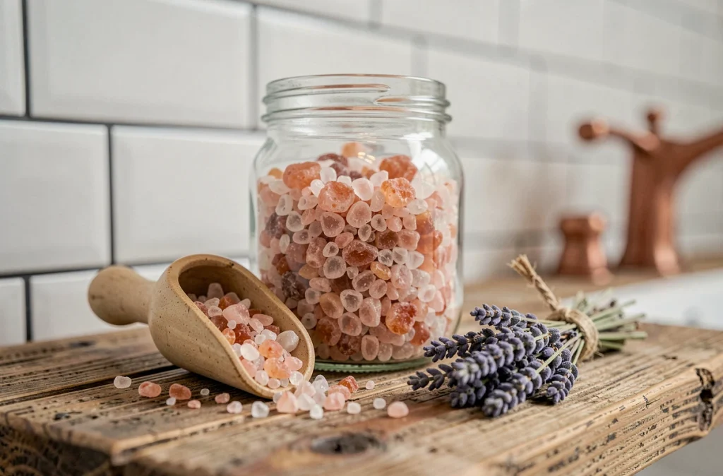 Bocal de sel rose de l'Himalaya et accessoires de bain naturels sur une étagère en bois rustique