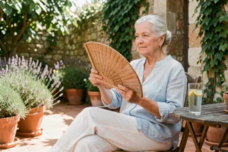 Une femme senior se rafraîchit à l'ombre de sa terrasse en été avec un éventail et un verre d'eau
