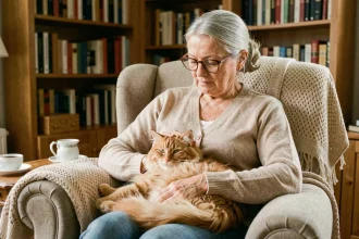 Une femme âgée aux cheveux argentés caresse affectueusement un chat roux endormi sur ses genoux dans un salon chaleureux