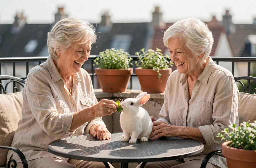 Deux femmes âgées souriantes sur un balcon ensoleillé partagent un moment de complicité avec un petit lapin blanc