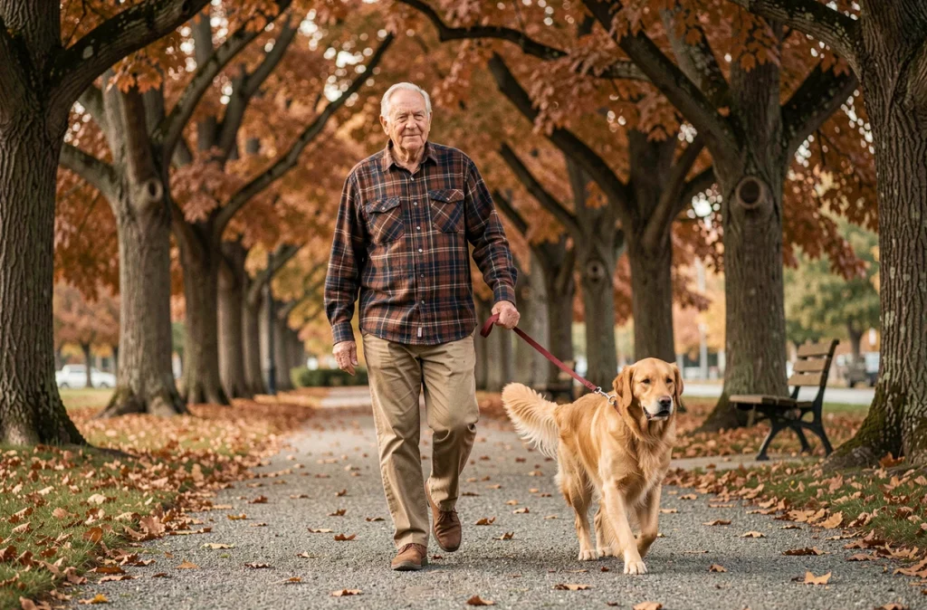 Un homme âgé promène son golden retriever dans un parc en automne, illustrant les bienfaits des animaux pour les seniors