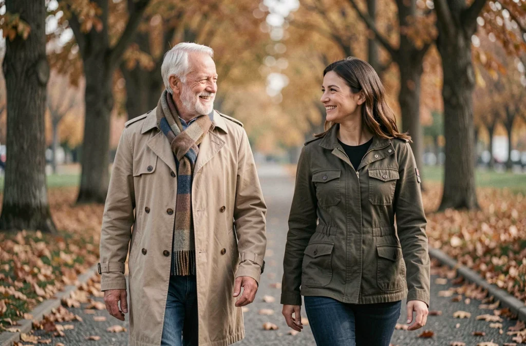 Un homme âgé se promène avec sa fille dans un parc en automne, représentant l'importance des liens familiaux pour la santé mentale des seniors