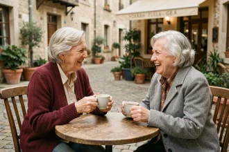 Deux femmes âgées riant ensemble autour d'un café en terrasse, illustrant le lien social chez les seniors