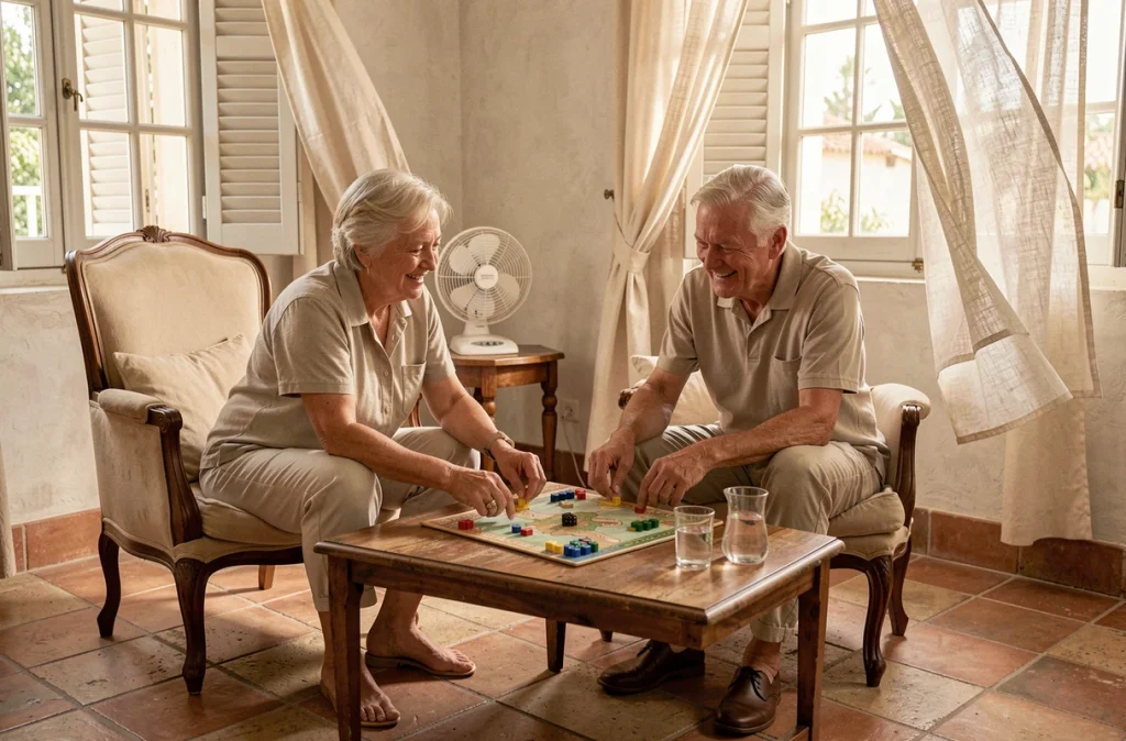 Deux seniors restent au frais dans leur maison en jouant à un jeu de société pendant la chaleur estivale