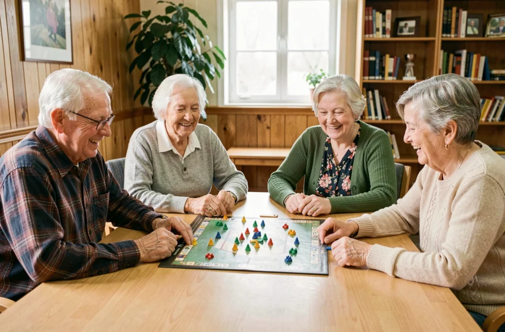 Groupe de seniors jouant à un jeu de société ensemble dans un centre communautaire, symbole de socialisation et de bien-être
