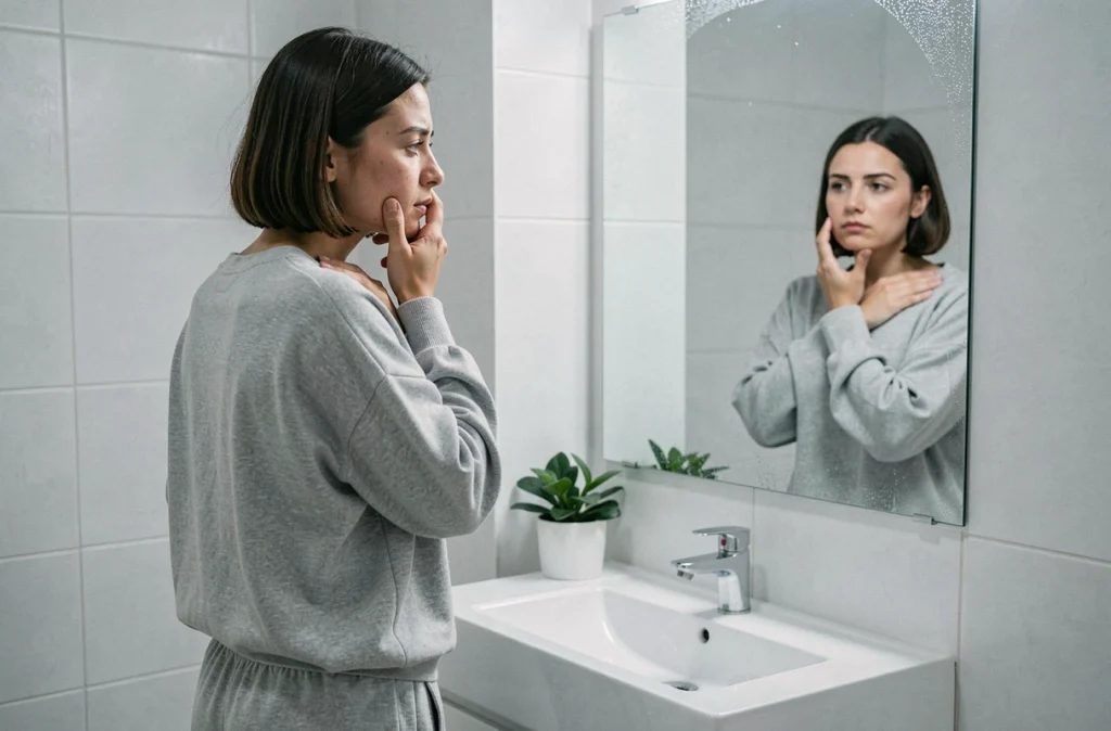 Femme fatiguée se regardant dans le miroir de la salle de bain le matin, évoquant les premiers symptômes physiques de la grossesse