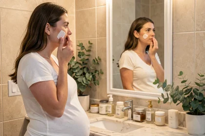 Femme enceinte appliquant une crème visage devant un miroir de salle de bain, illustrant les soins de la peau adaptés à la grossesse
