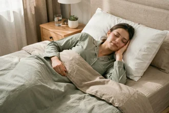 Femme dormant paisiblement dans un lit douillet, illustrant l'importance du sommeil pour la perte de poids
