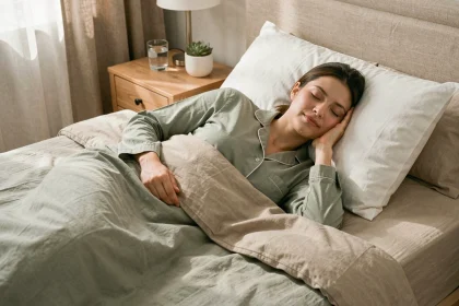 Femme dormant paisiblement dans un lit douillet, illustrant l'importance du sommeil pour la perte de poids
