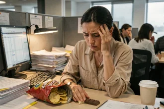 Femme stressée au bureau qui grignote des aliments sucrés et gras, illustrant le lien entre stress au travail et prise de poids