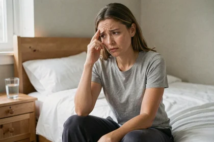 Femme fatiguée assise sur le bord du lit, tenant sa tête entre ses mains, illustrant les premiers symptômes de la sclérose en plaques