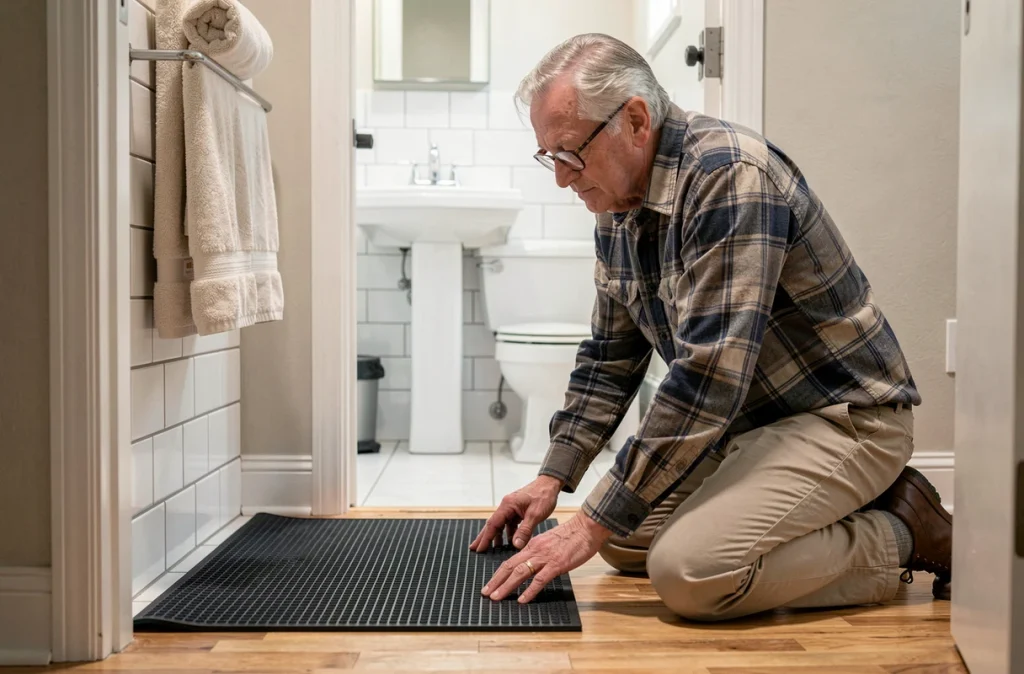 Homme senior posant un tapis antidérapant devant la salle de bain pour éviter les chutes