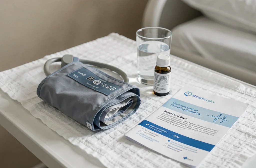 Tensiomètre numérique et médicaments sur table de chevet d'hôpital, symbolisant les complications cardiovasculaires