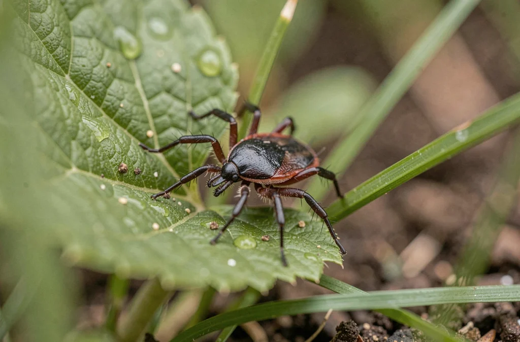 Gros plan détaillé d'une tique accrochée à une feuille verte dans un environnement naturel forestier français
