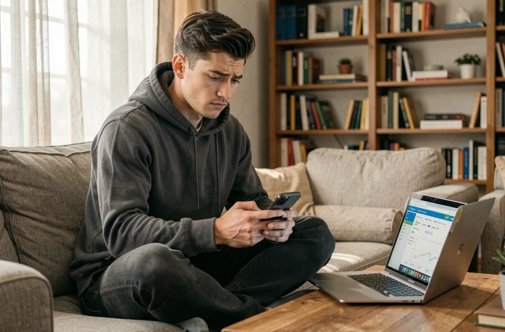 Soignant à domicile tentant de résoudre un problème de connexion à NETSoins depuis son smartphone et son ordinateur