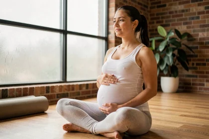 Femme enceinte pratiquant le yoga prénatal doux en position assise dans un studio lumineux aux murs en briques