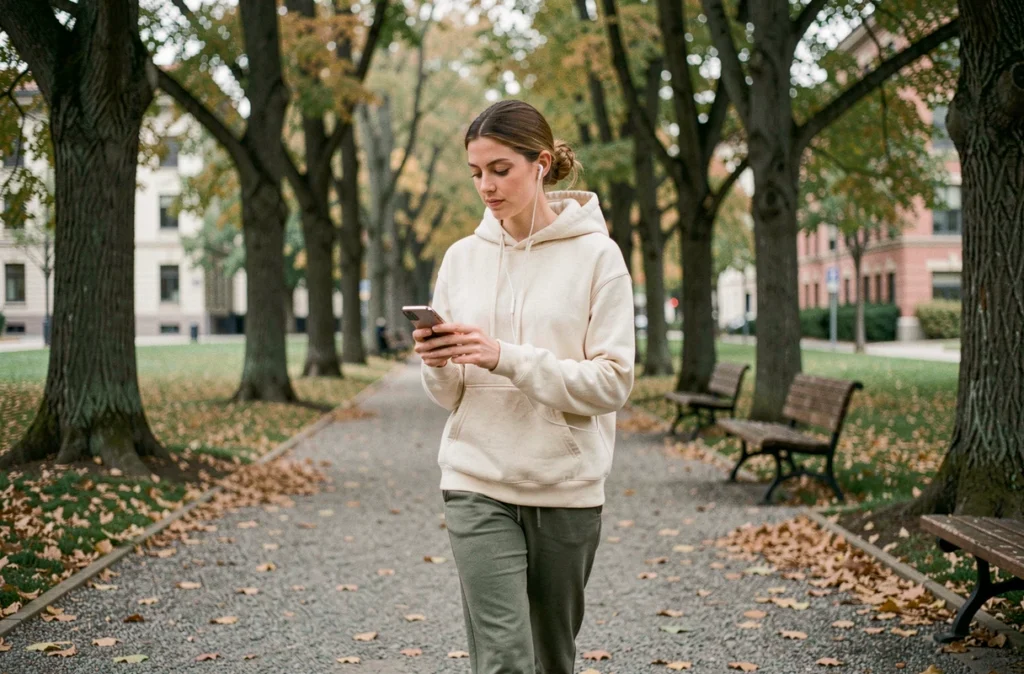 Femme consultant des ressources bien-être sur son téléphone lors d'une promenade dans un parc urbain, évoquant l'utilisation de Vitalsan.fr au quotidien